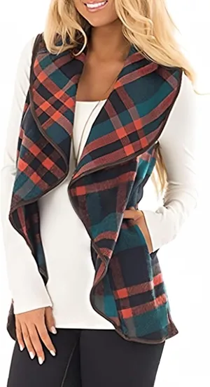 Unidear Womens Buffalo Plaid Vest Casual Lapel Open Front Sleeveless Cardigan Jacket Coat with Pockets