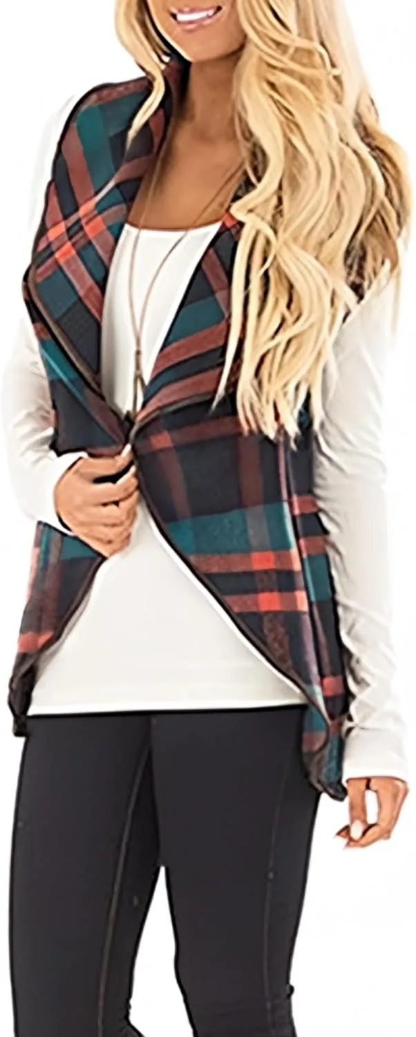 Unidear Womens Buffalo Plaid Vest Casual Lapel Open Front Sleeveless Cardigan Jacket Coat with Pockets