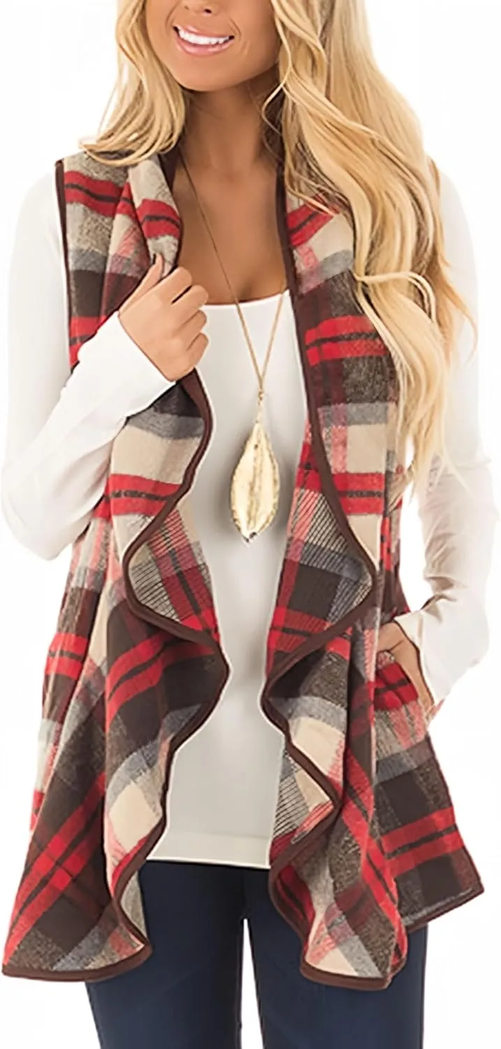 Unidear Womens Buffalo Plaid Vest Casual Lapel Open Front Sleeveless Cardigan Jacket Coat with Pockets