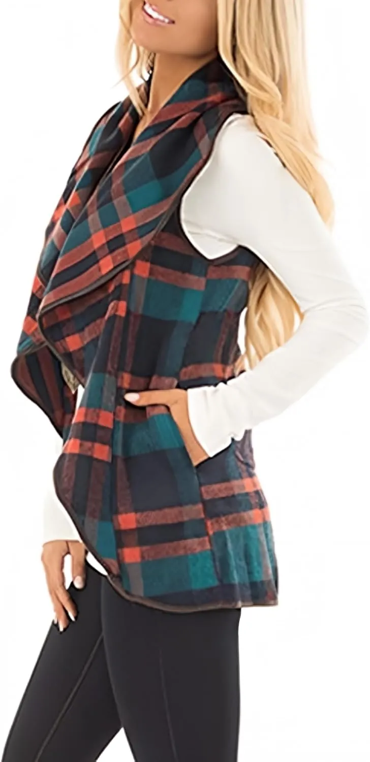 Unidear Womens Buffalo Plaid Vest Casual Lapel Open Front Sleeveless Cardigan Jacket Coat with Pockets