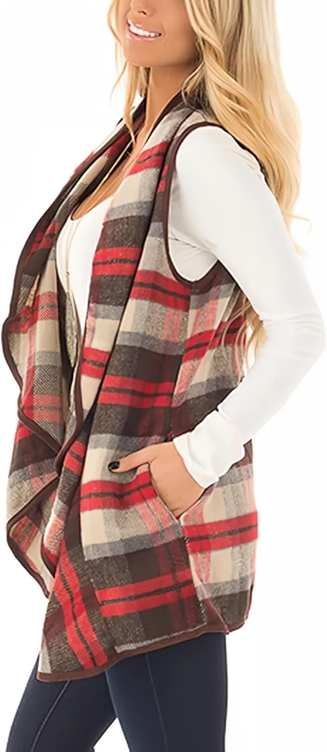 Unidear Womens Buffalo Plaid Vest Casual Lapel Open Front Sleeveless Cardigan Jacket Coat with Pockets