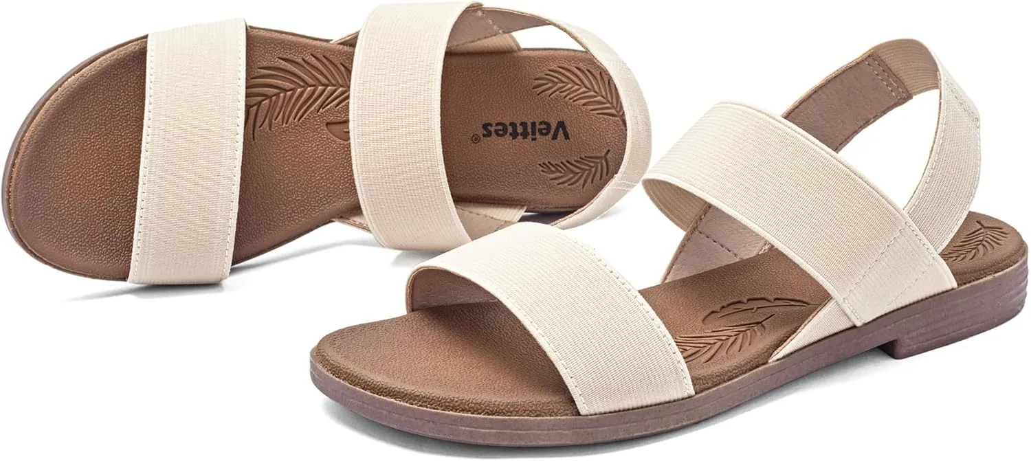 Veittes Women's Flat Slide Sandals-Adjustable Double Elastic Bands,Crossover Straps,Fashion Casual Summer Flat Sandals.
