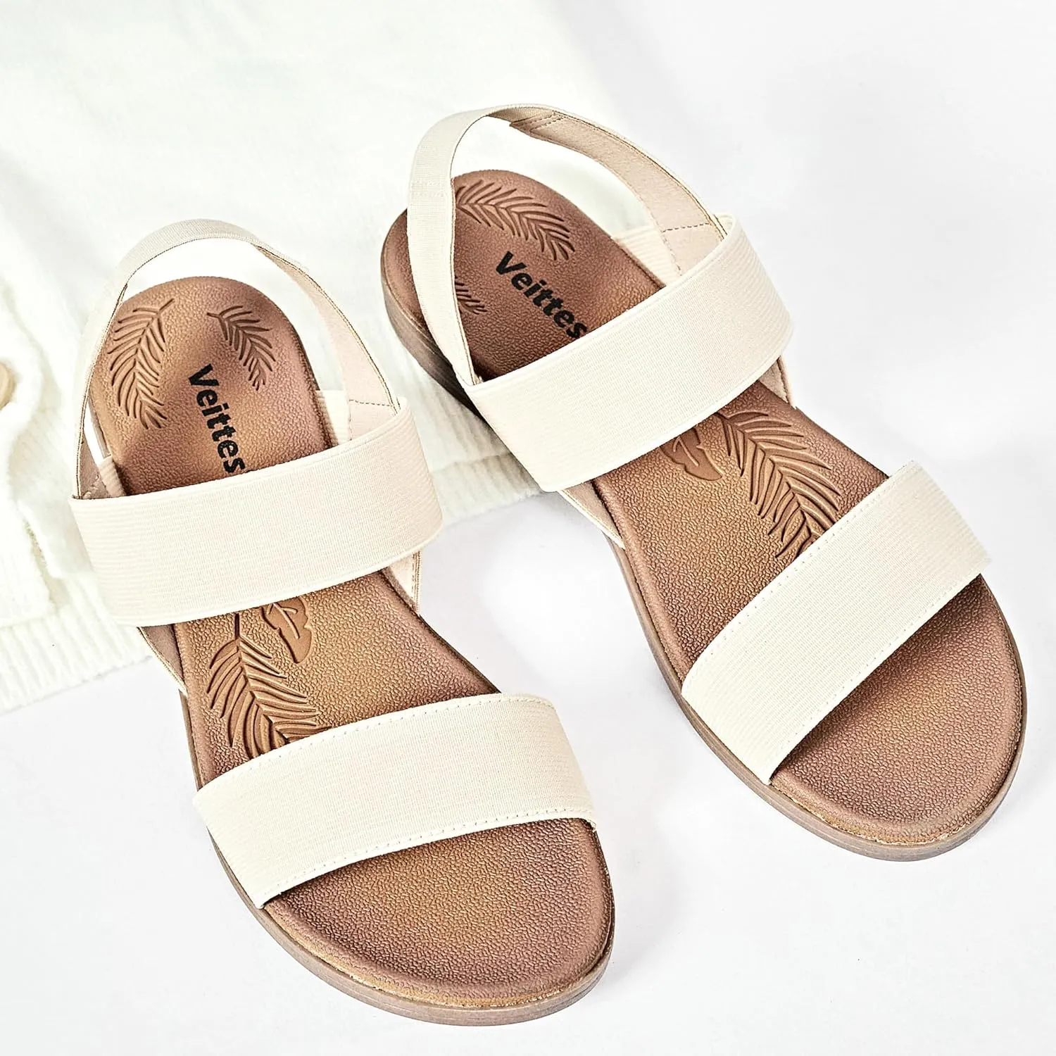 Veittes Women's Flat Slide Sandals-Adjustable Double Elastic Bands,Crossover Straps,Fashion Casual Summer Flat Sandals.