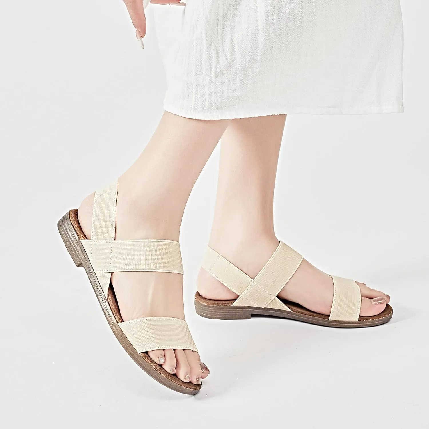 Veittes Women's Flat Slide Sandals-Adjustable Double Elastic Bands,Crossover Straps,Fashion Casual Summer Flat Sandals.