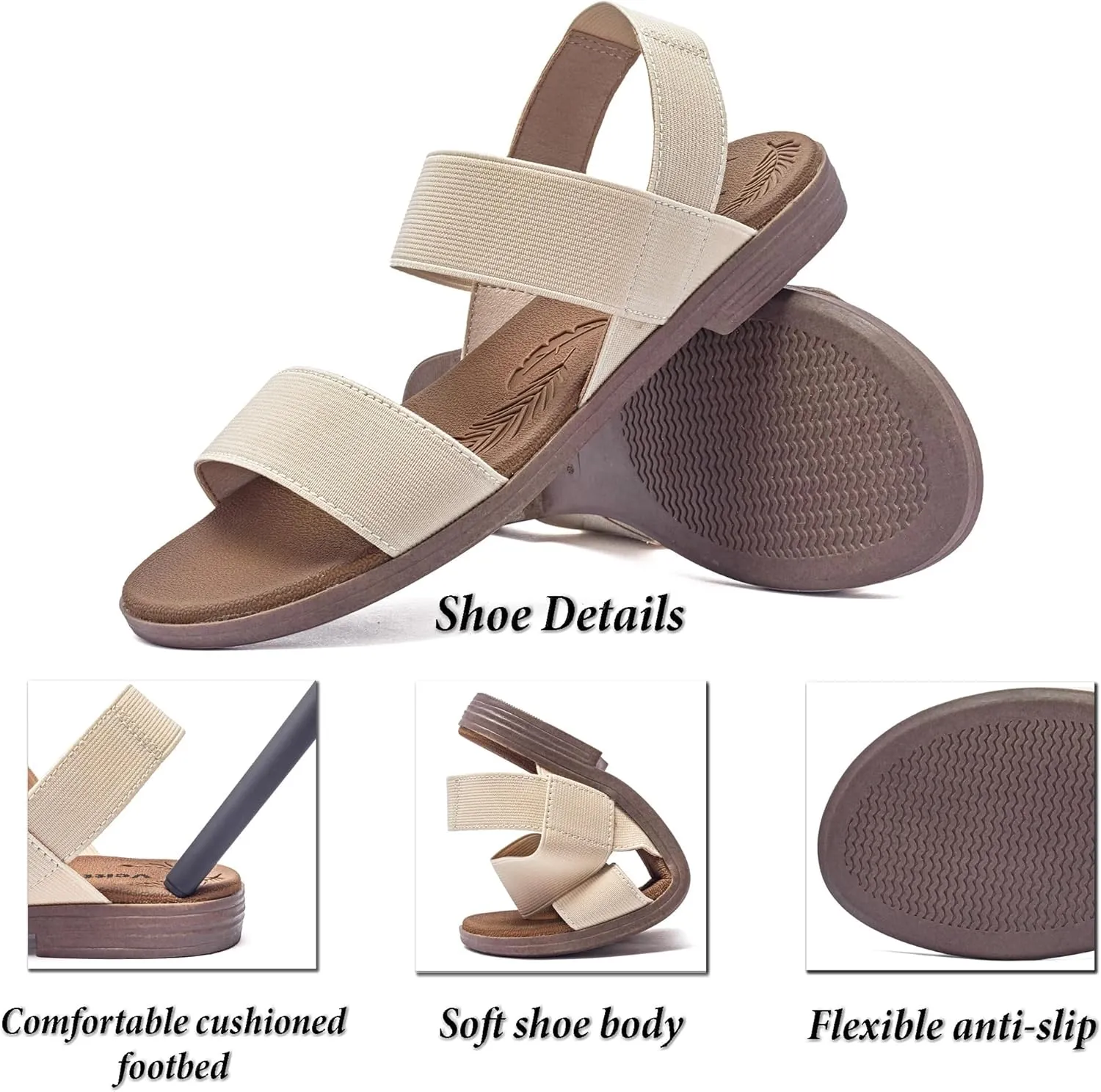 Veittes Women's Flat Slide Sandals-Adjustable Double Elastic Bands,Crossover Straps,Fashion Casual Summer Flat Sandals.