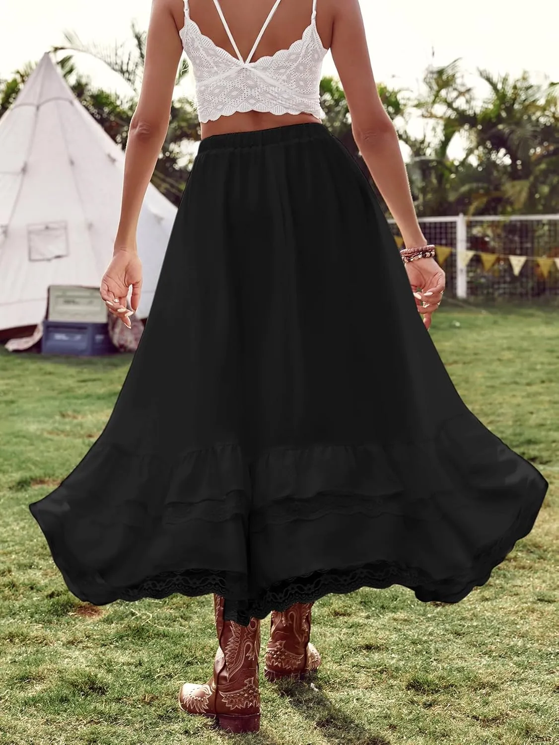 Verdusa Women's Boho Western Lace Asymmetric Hem Skirts Ruffle Cow Girl Skirts