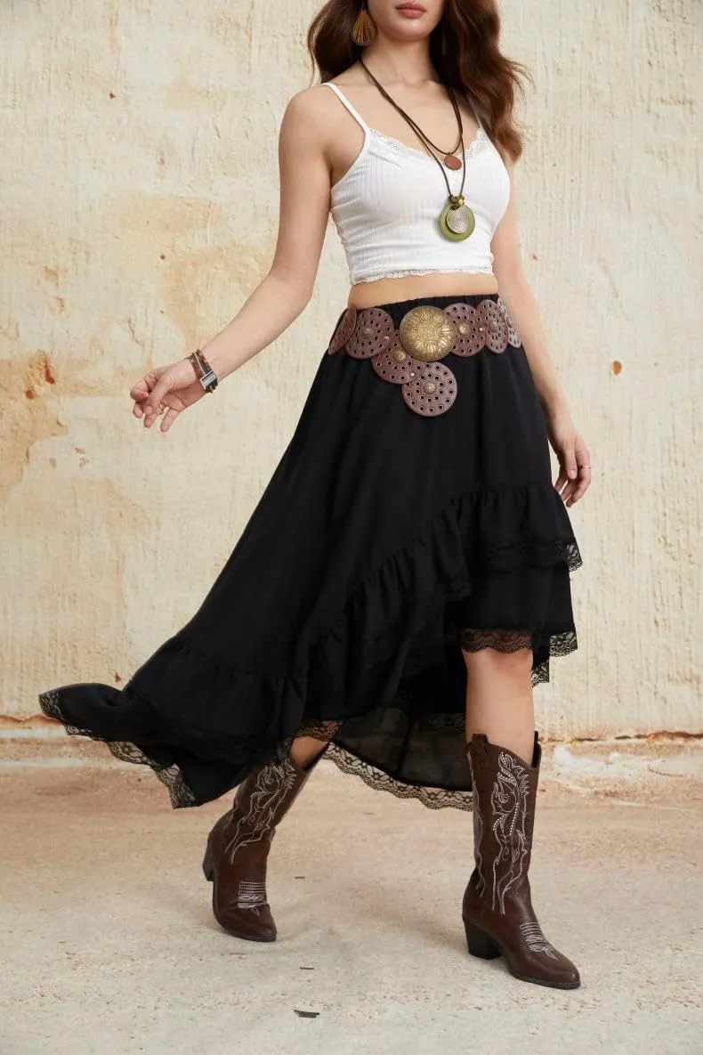 Verdusa Women's Boho Western Lace Asymmetric Hem Skirts Ruffle Cow Girl Skirts