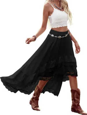 Verdusa Women's Boho Western Lace Asymmetric Hem Skirts Ruffle Cow Girl Skirts