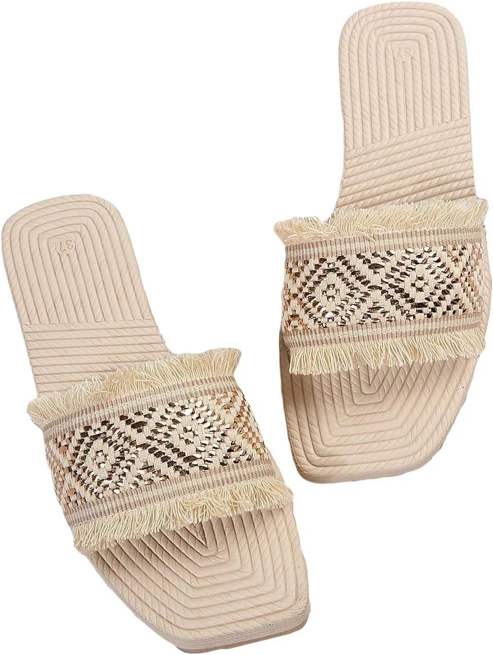 Verdusa Women's Fringe Trim Square Open Toe Flat Summer Slide Sandals Beach Shoes