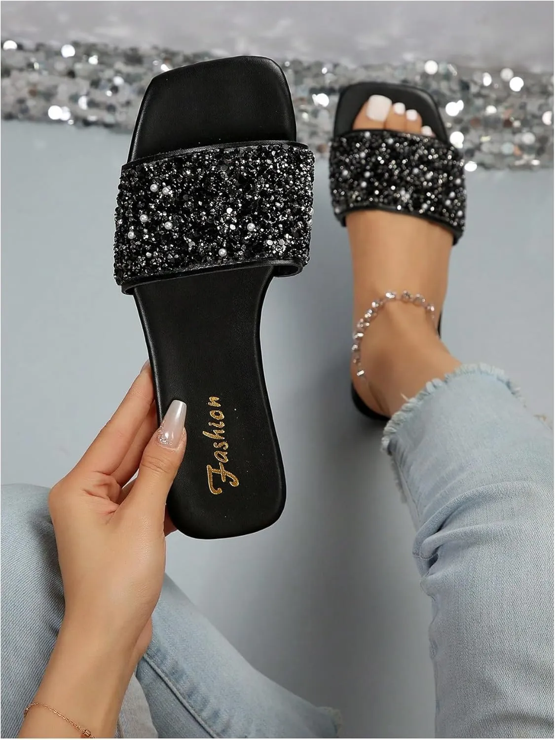 Verdusa Women's Glitter Rhinestone Pearls Slippers PU Leather Square Open Toe Flat Sandals