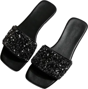 Verdusa Women's Glitter Rhinestone Pearls Slippers PU Leather Square Open Toe Flat Sandals