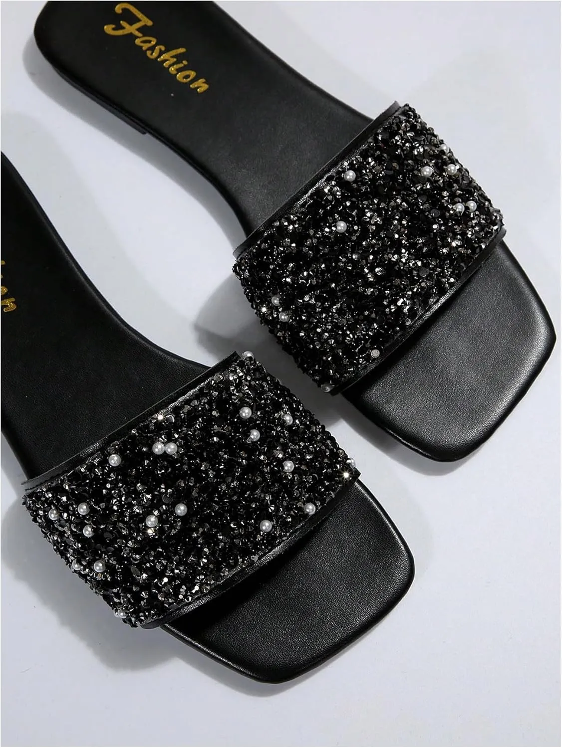 Verdusa Women's Glitter Rhinestone Pearls Slippers PU Leather Square Open Toe Flat Sandals