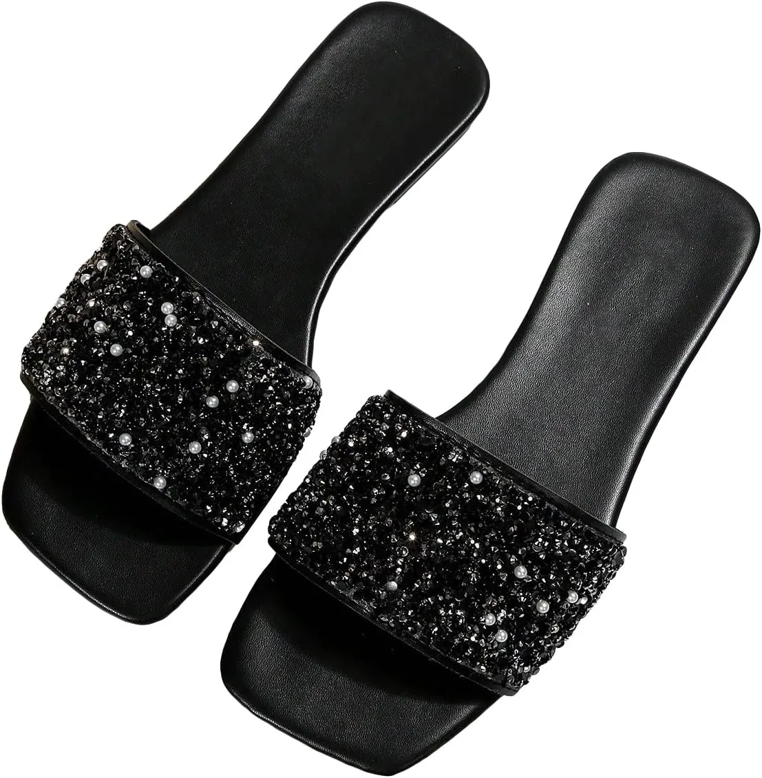 Verdusa Women's Glitter Rhinestone Pearls Slippers PU Leather Square Open Toe Flat Sandals