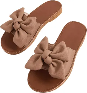 Verdusa Women's Open Toe Flat Sandals Bow Knot Slides Leather Summer Slippers