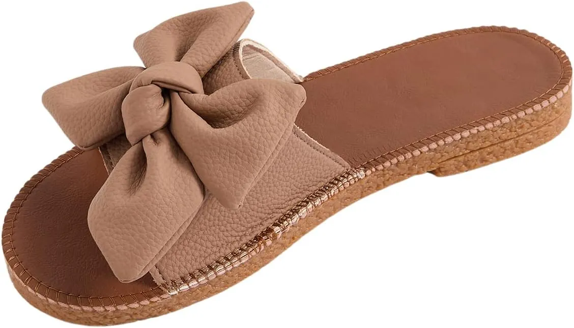Verdusa Women's Open Toe Flat Sandals Bow Knot Slides Leather Summer Slippers