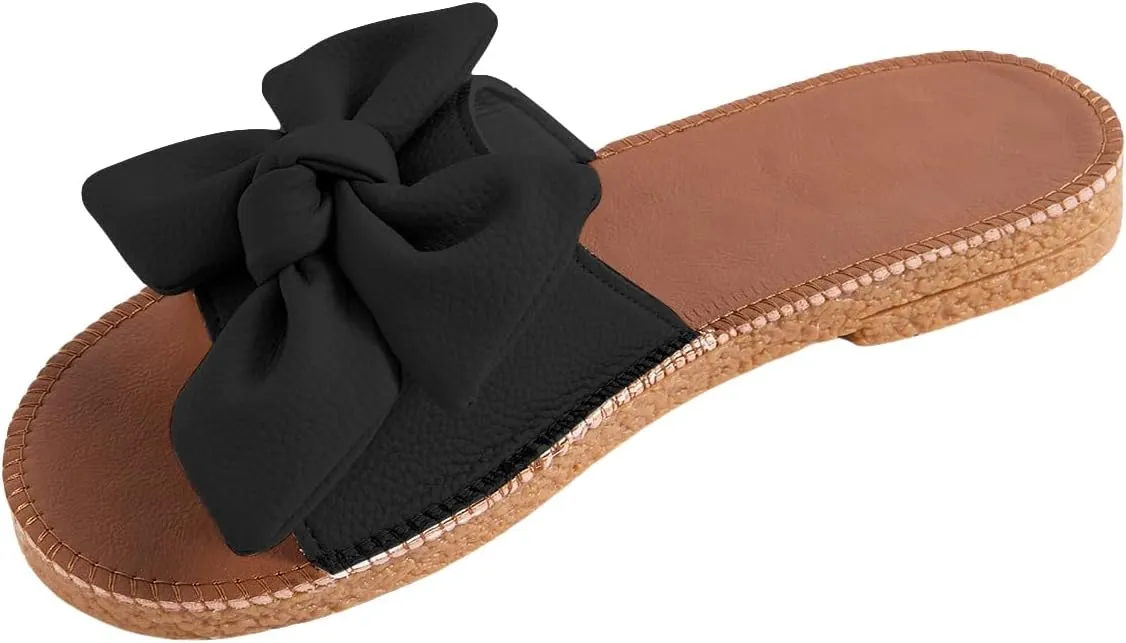 Verdusa Women's Open Toe Flat Sandals Bow Knot Slides Leather Summer Slippers
