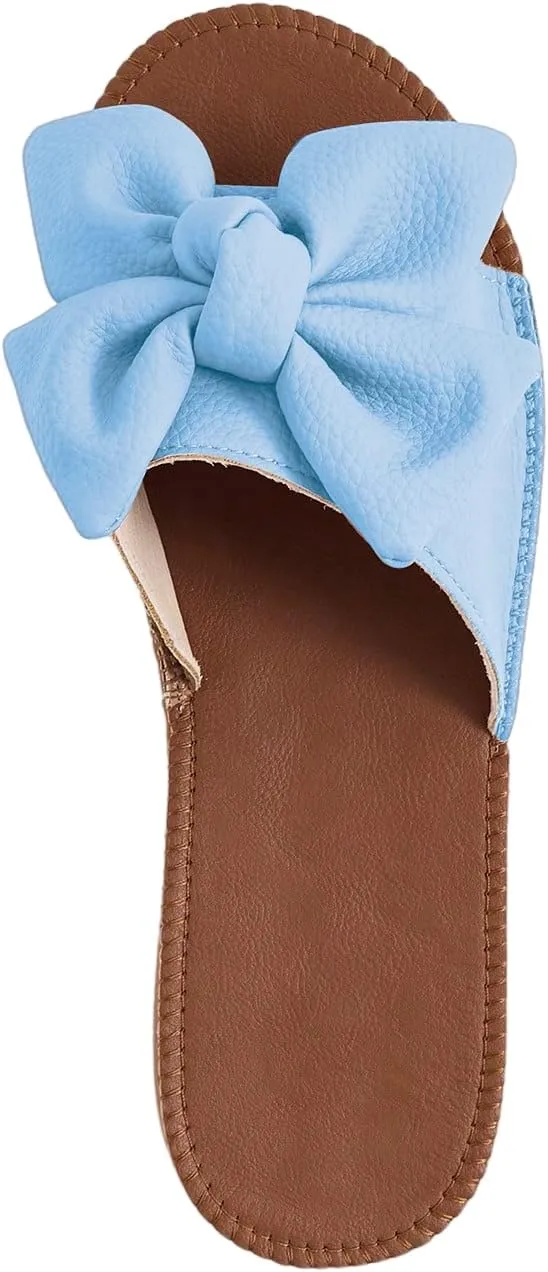 Verdusa Women's Open Toe Flat Sandals Bow Knot Slides Leather Summer Slippers