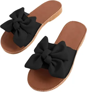 Verdusa Women's Open Toe Flat Sandals Bow Knot Slides Leather Summer Slippers