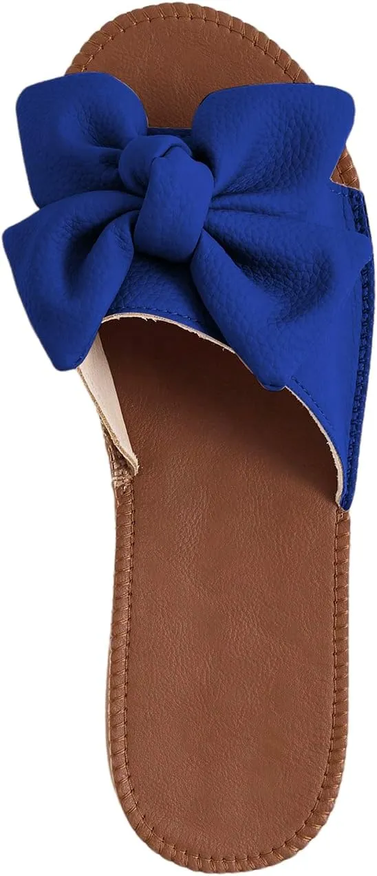 Verdusa Women's Open Toe Flat Sandals Bow Knot Slides Leather Summer Slippers