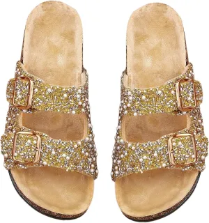 Verdusa Women's Pearls Rhinestone Sandals Buckle Two Band Open Toe Slip on Slippers
