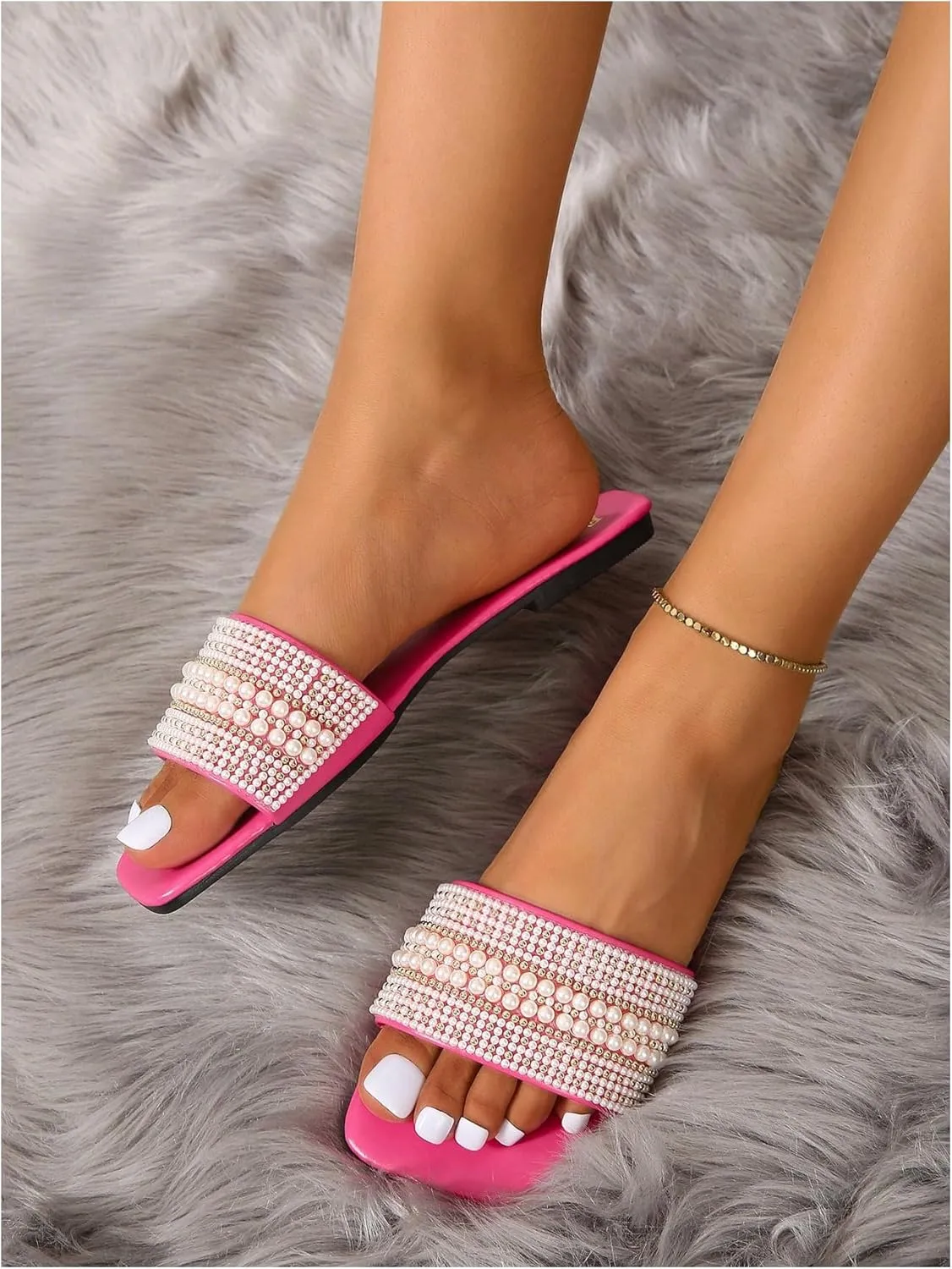 Verdusa Women's Pearls Sandals Slide Casual Sandal Flat Open Toe Slides