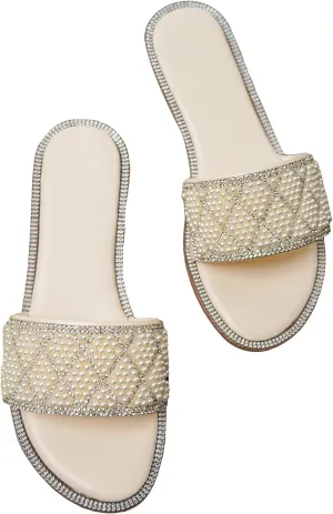 Verdusa Women's Rhinestone Pearls Open Toe Flat Sandals Slip One Slides Outdoor Sandals Beige 8.5