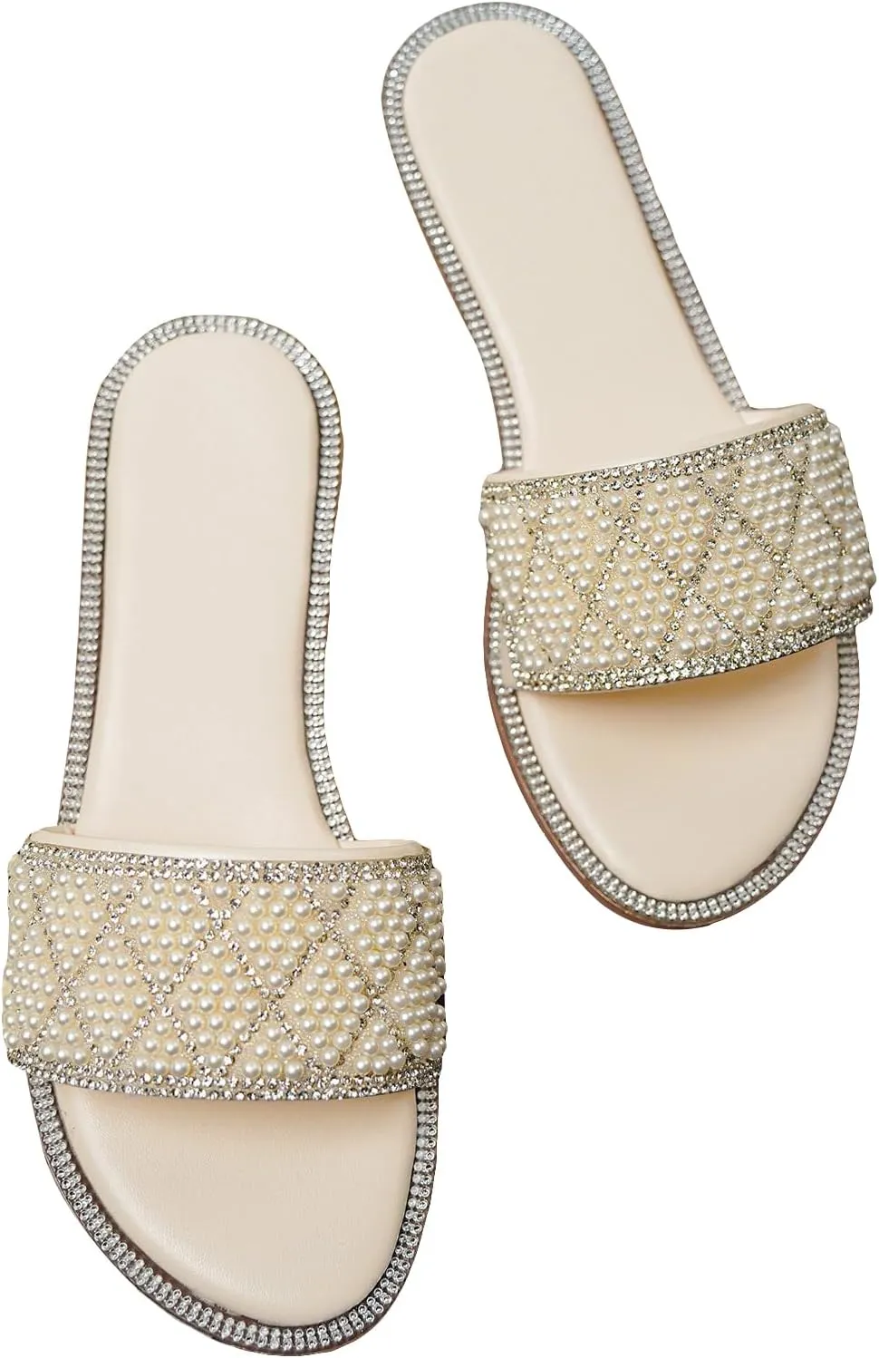 Verdusa Women's Rhinestone Pearls Open Toe Flat Sandals Slip One Slides Outdoor Sandals Beige 8.5