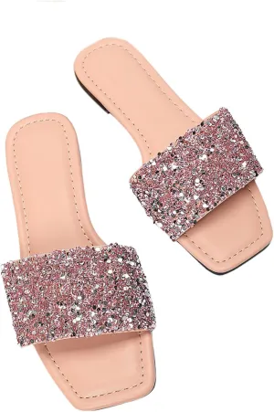 Verdusa Women's Rhinestone Sandals Glitter Casual Sandal Flats Open Toe Sparkle Slides