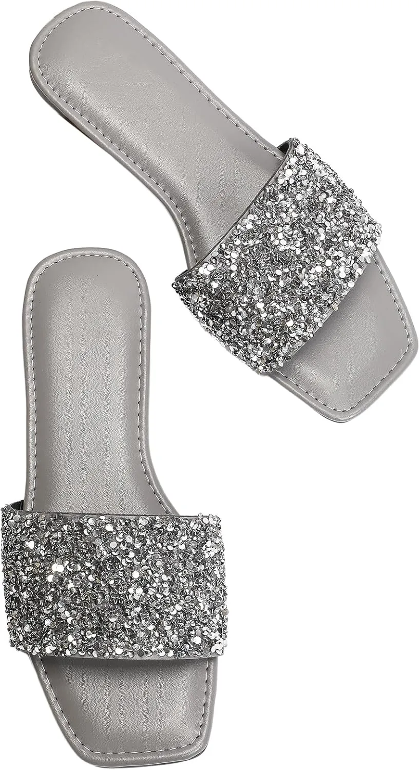 Verdusa Women's Rhinestone Sandals Glitter Casual Sandal Flats Open Toe Sparkle Slides