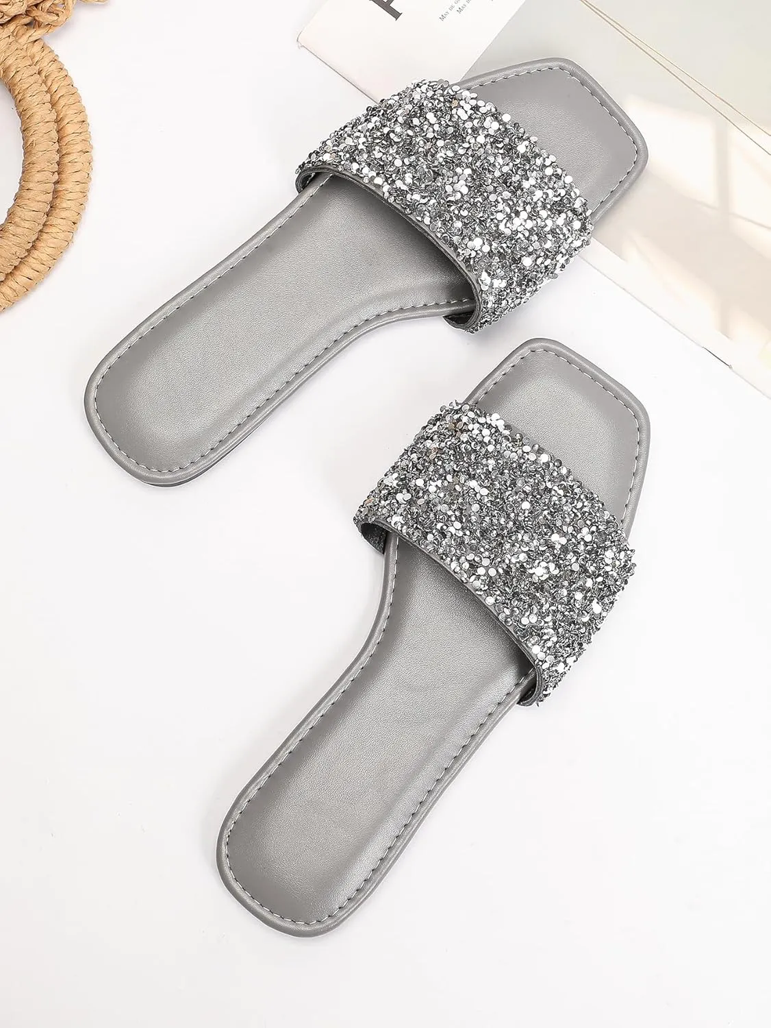 Verdusa Women's Rhinestone Sandals Glitter Casual Sandal Flats Open Toe Sparkle Slides