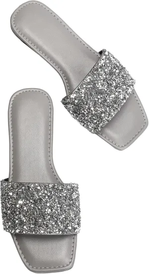 Verdusa Women's Rhinestone Sandals Glitter Casual Sandal Flats Open Toe Sparkle Slides