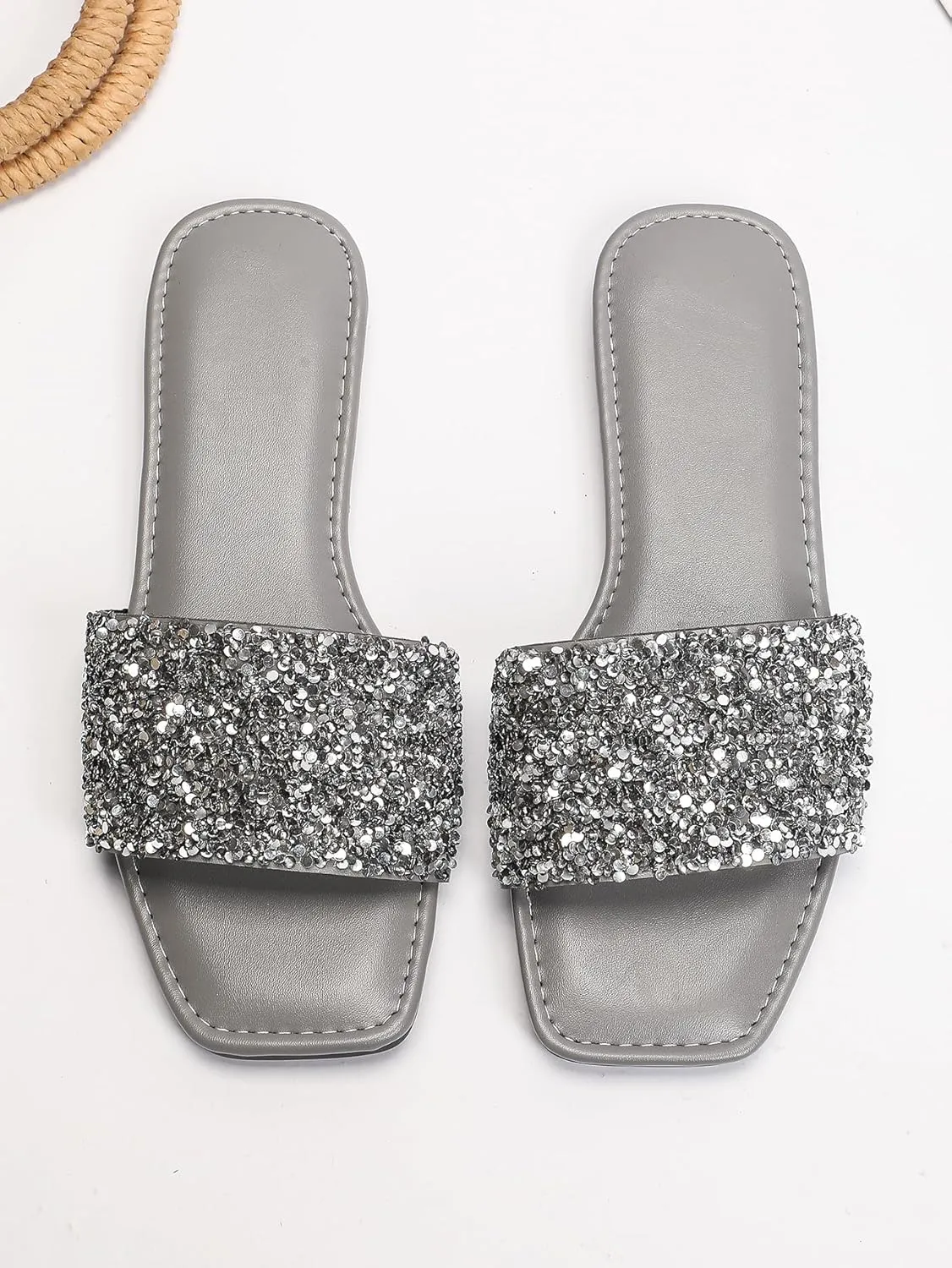 Verdusa Women's Rhinestone Sandals Glitter Casual Sandal Flats Open Toe Sparkle Slides