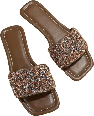Verdusa Women's Rhinestone Sandals Glitter Casual Sandal Flats Open Toe Sparkle Slides