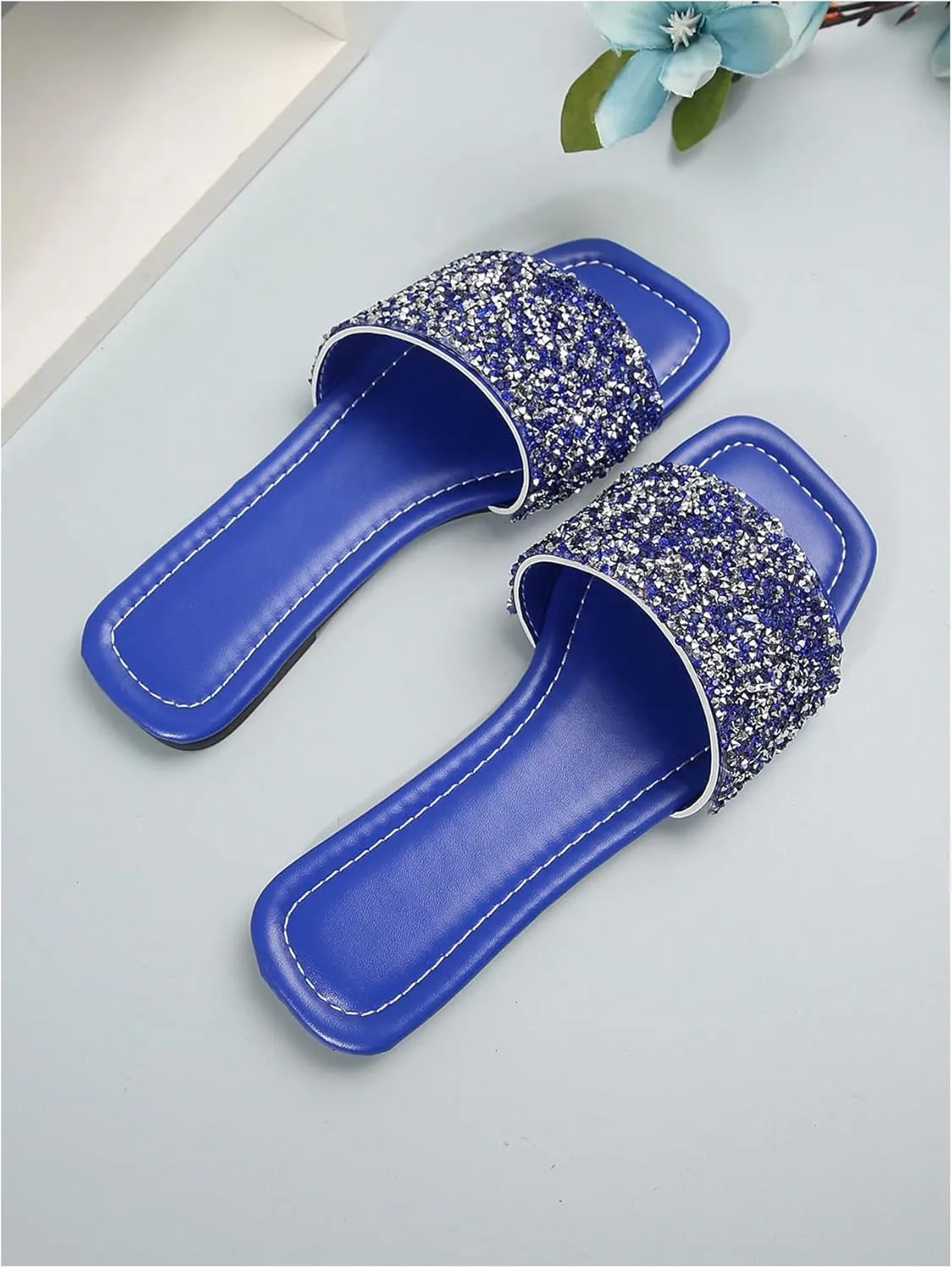Verdusa Women's Rhinestone Sandals Glitter Casual Sandal Flats Open Toe Sparkle Slides