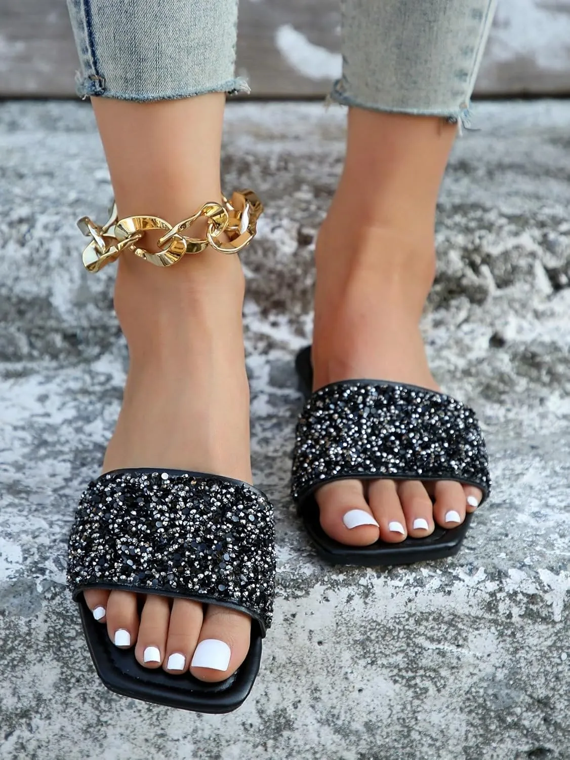 Verdusa Women's Rhinestone Sandals Glitter Casual Sandal Flats Open Toe Sparkle Slides