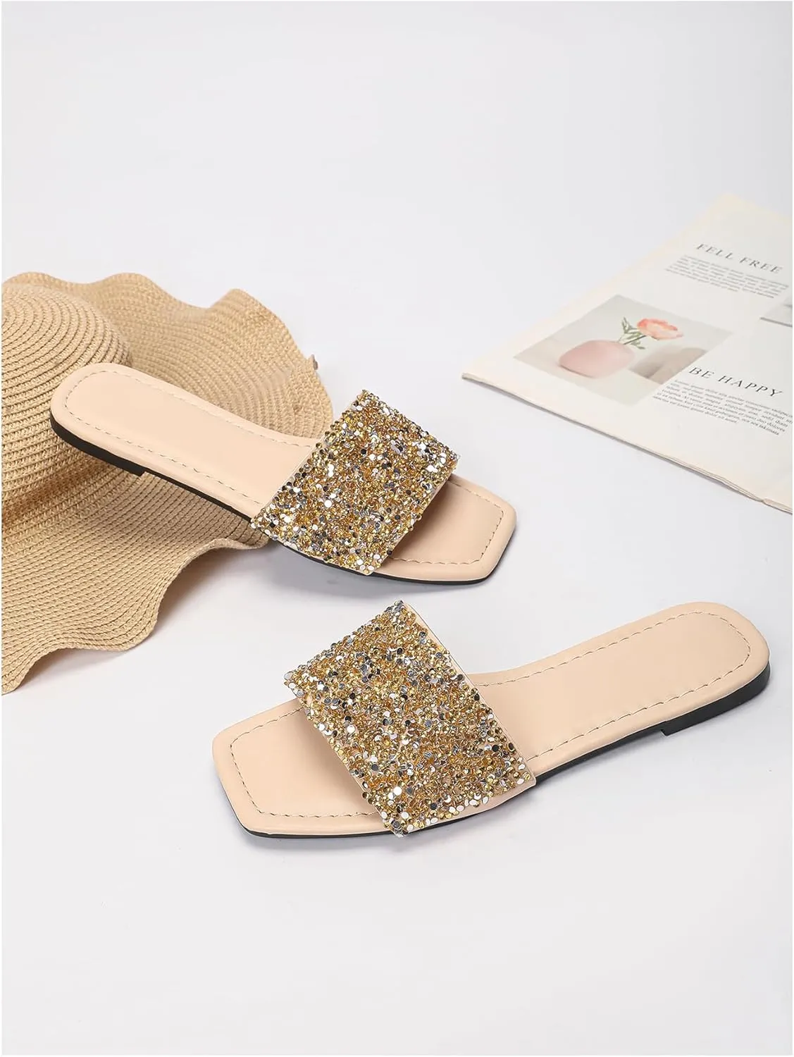 Verdusa Women's Rhinestone Sandals Glitter Casual Sandal Flats Open Toe Sparkle Slides