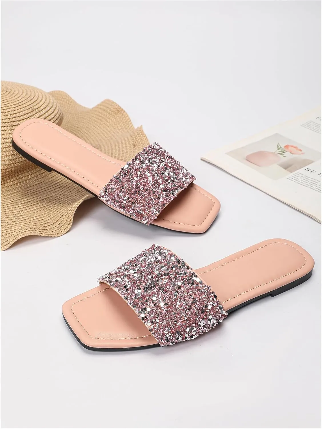 Verdusa Women's Rhinestone Sandals Glitter Casual Sandal Flats Open Toe Sparkle Slides