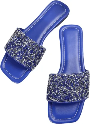 Verdusa Women's Rhinestone Sandals Glitter Casual Sandal Flats Open Toe Sparkle Slides