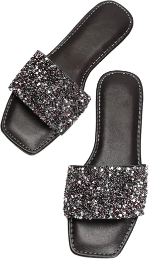 Verdusa Women's Rhinestone Sandals Glitter Casual Sandal Flats Open Toe Sparkle Slides