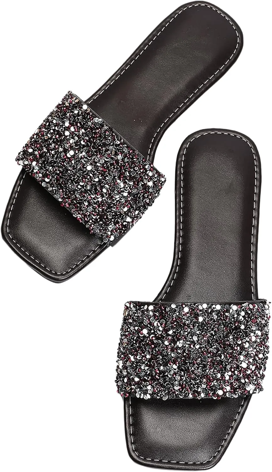 Verdusa Women's Rhinestone Sandals Glitter Casual Sandal Flats Open Toe Sparkle Slides