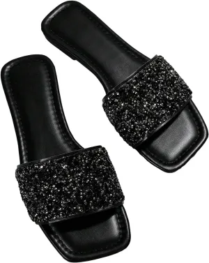 Verdusa Women's Rhinestone Sandals Glitter Casual Sandal Flats Open Toe Sparkle Slides