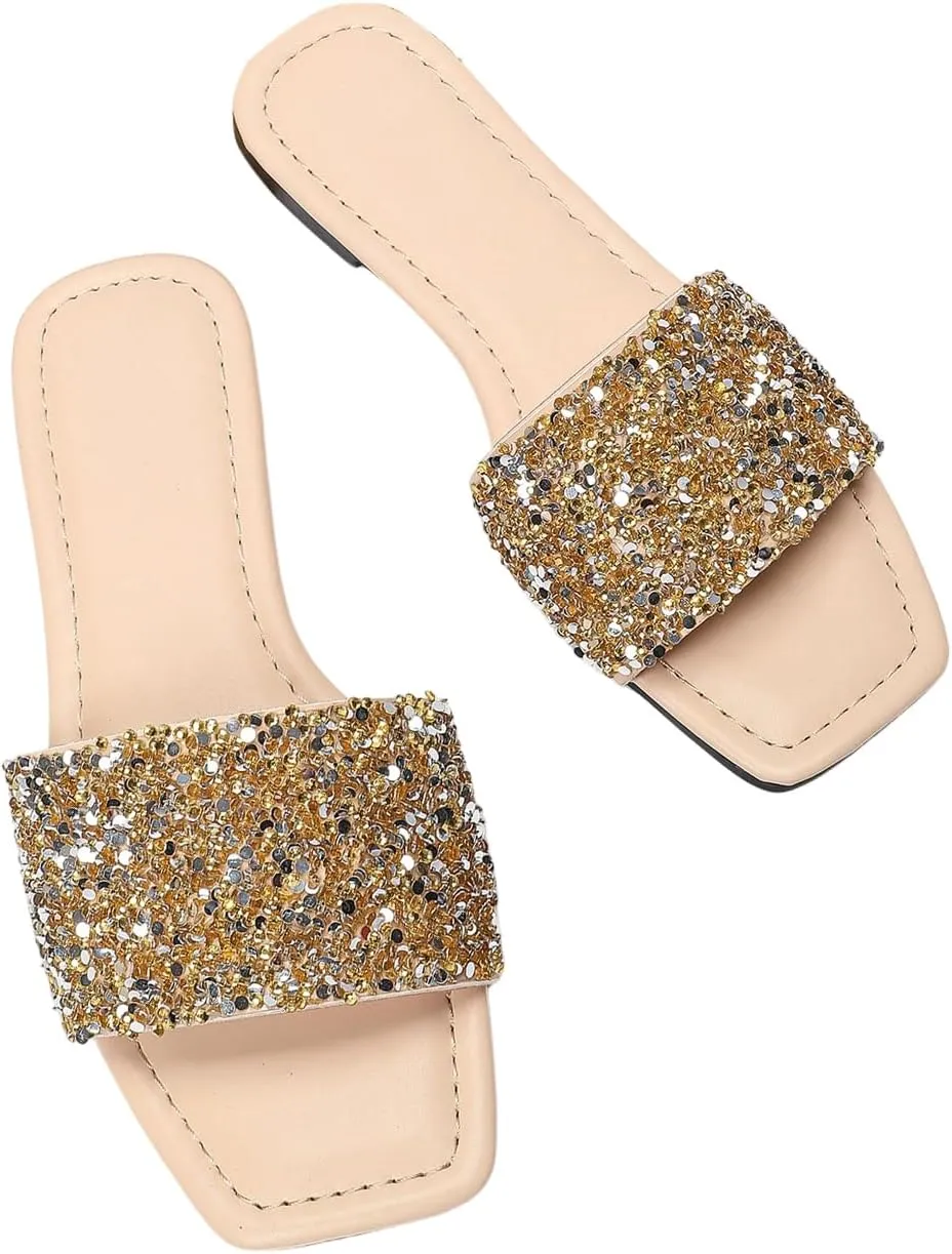 Verdusa Women's Rhinestone Sandals Glitter Casual Sandal Flats Open Toe Sparkle Slides
