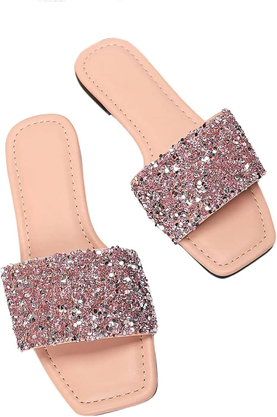 Verdusa Women's Rhinestone Sandals Glitter Casual Sandal Flats Open Toe Sparkle Slides
