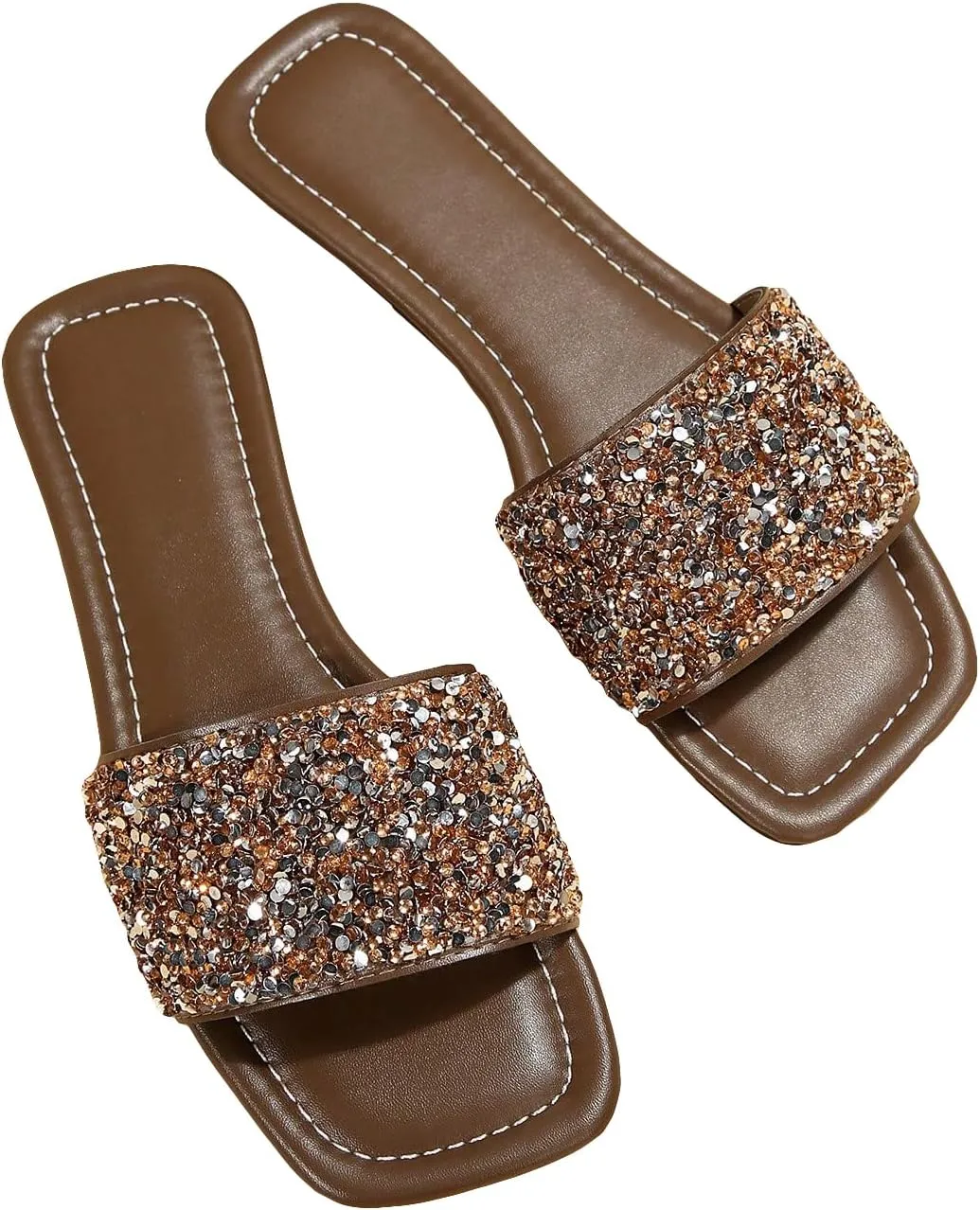 Verdusa Women's Rhinestone Sandals Glitter Casual Sandal Flats Open Toe Sparkle Slides
