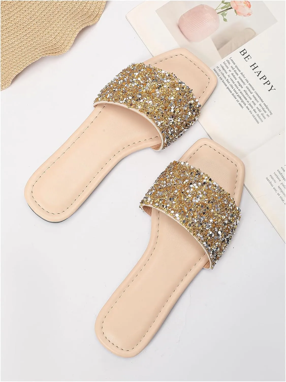 Verdusa Women's Rhinestone Sandals Glitter Casual Sandal Flats Open Toe Sparkle Slides