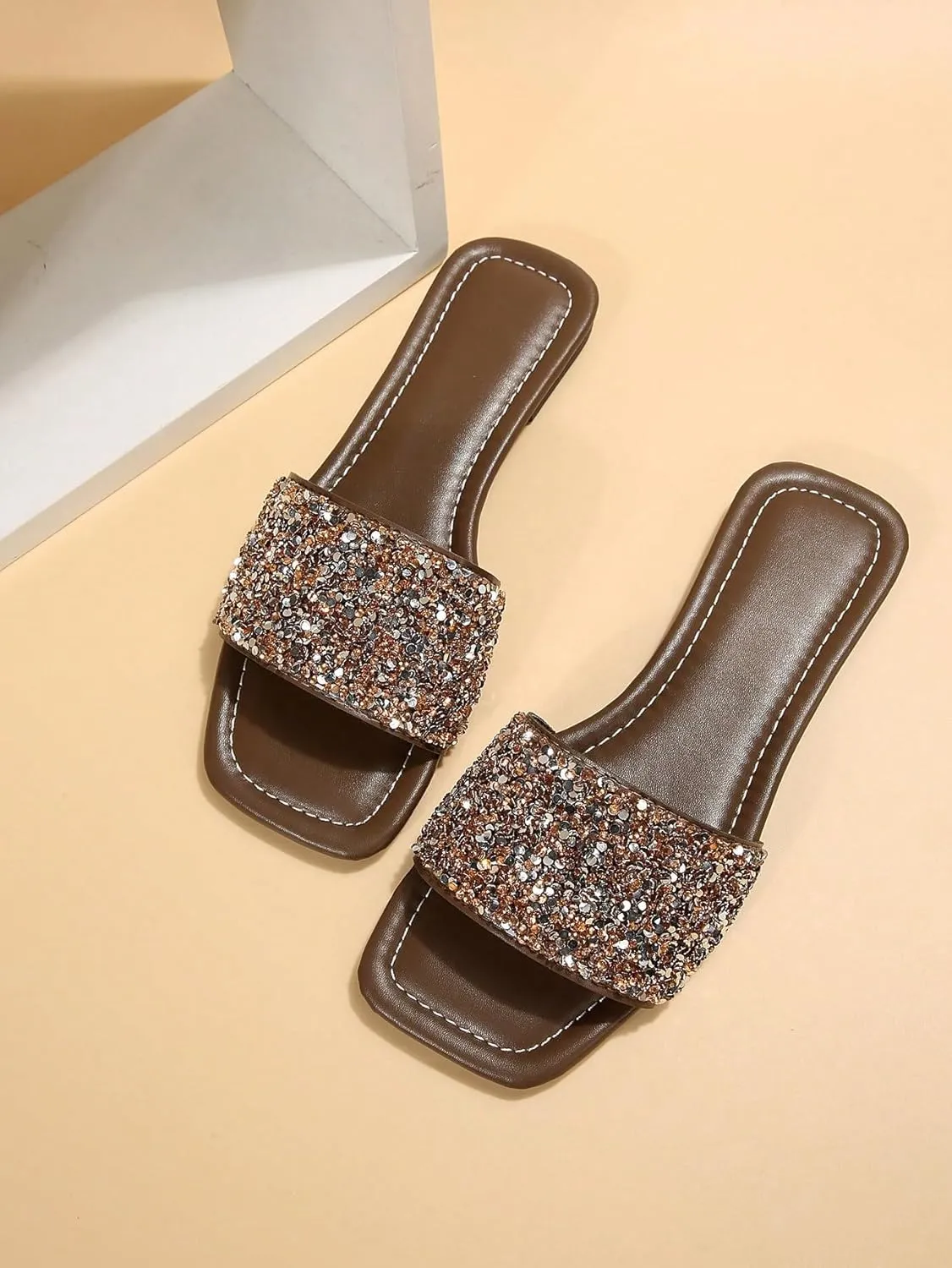 Verdusa Women's Rhinestone Sandals Glitter Casual Sandal Flats Open Toe Sparkle Slides