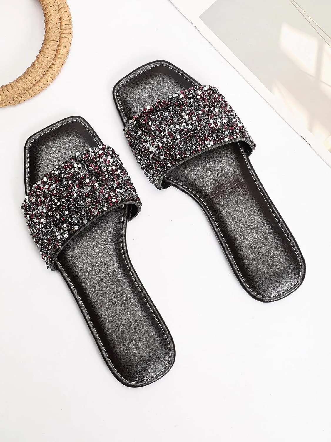 Verdusa Women's Rhinestone Sandals Glitter Casual Sandal Flats Open Toe Sparkle Slides