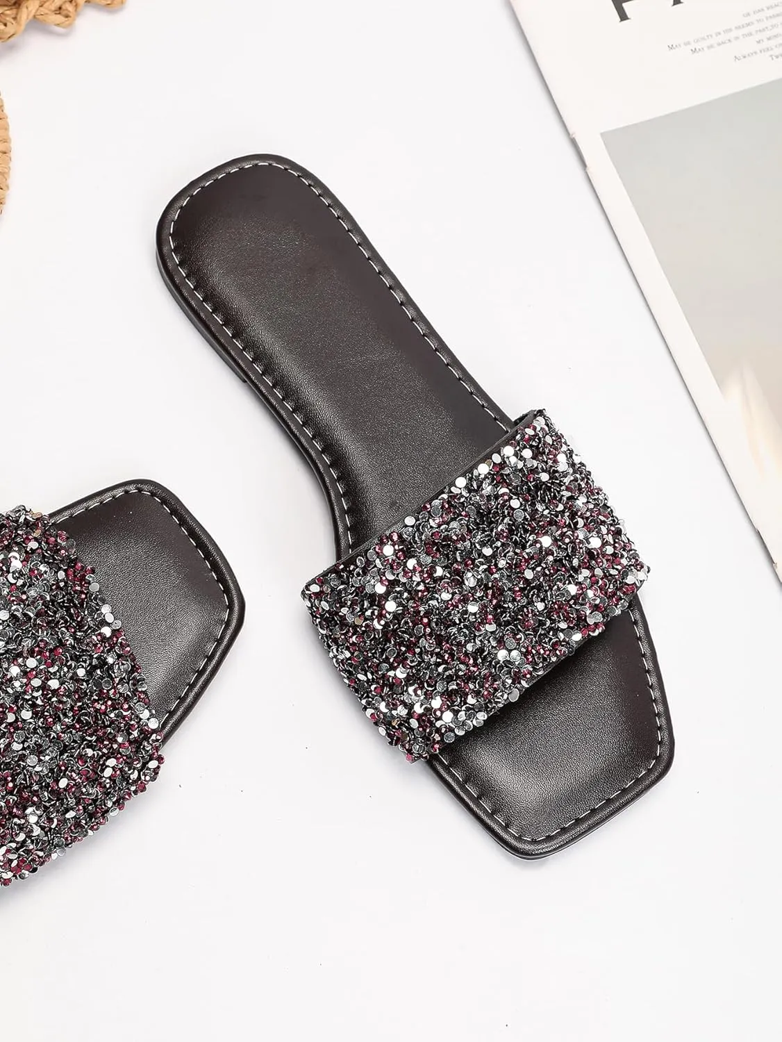 Verdusa Women's Rhinestone Sandals Glitter Casual Sandal Flats Open Toe Sparkle Slides