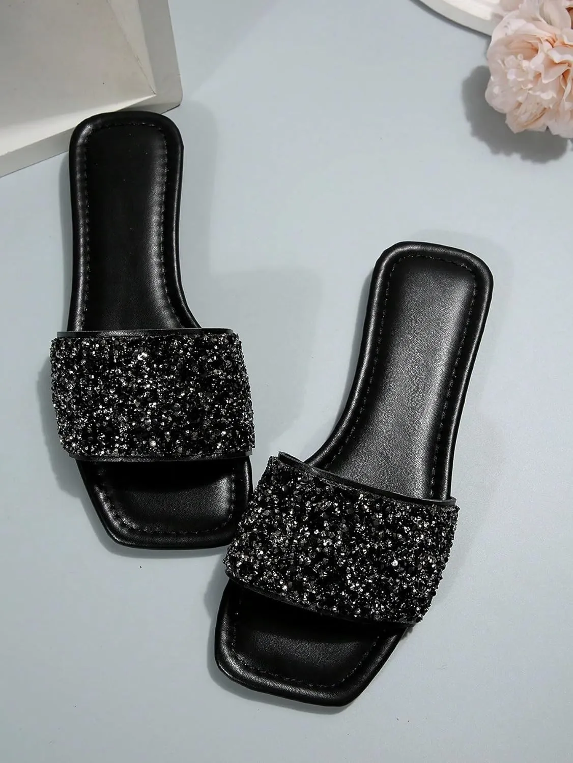 Verdusa Women's Rhinestone Sandals Glitter Casual Sandal Flats Open Toe Sparkle Slides