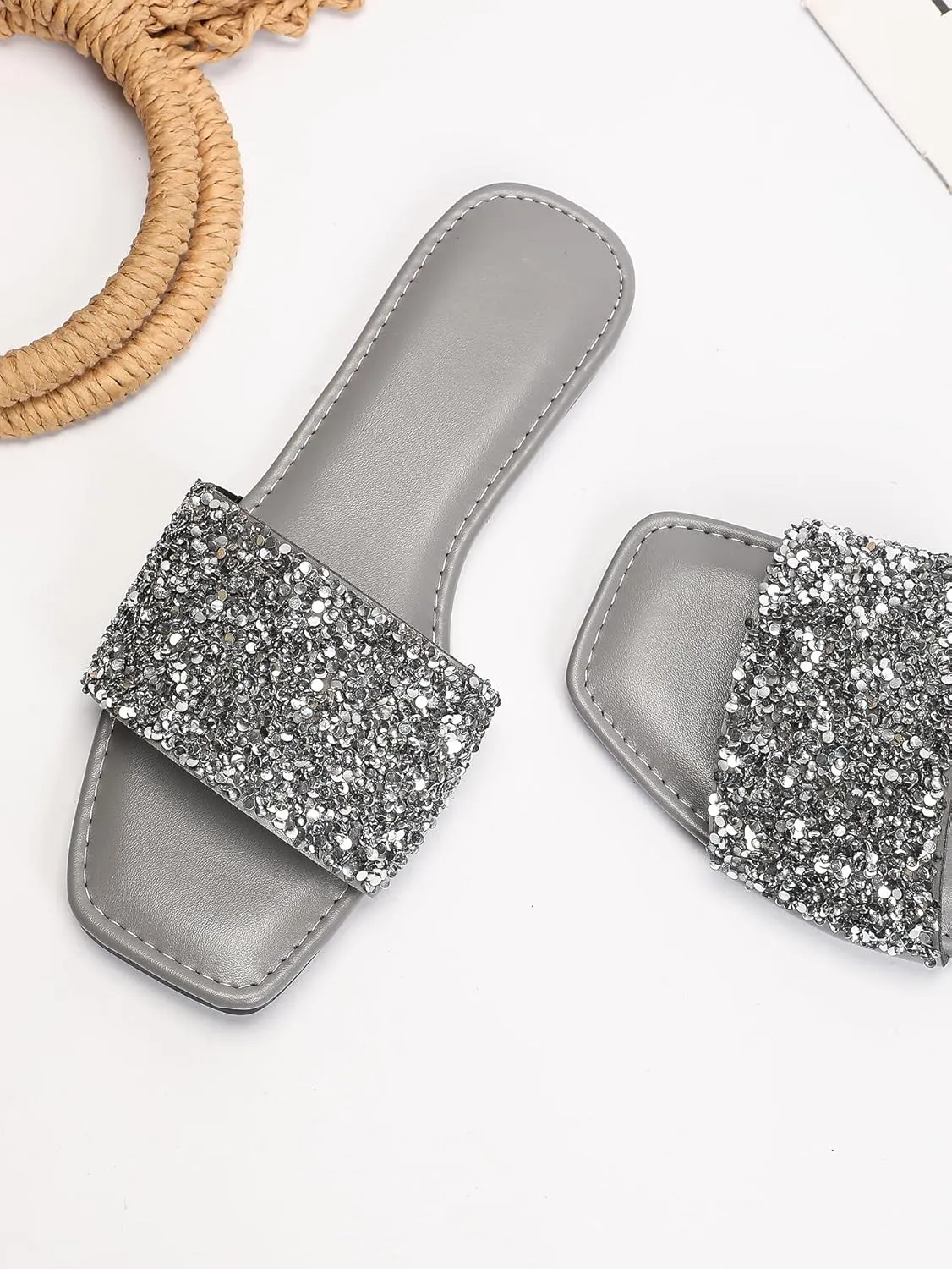 Verdusa Women's Rhinestone Sandals Glitter Casual Sandal Flats Open Toe Sparkle Slides